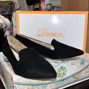 Dunion black faux suede flats/loafers with faux pearl details on the heel